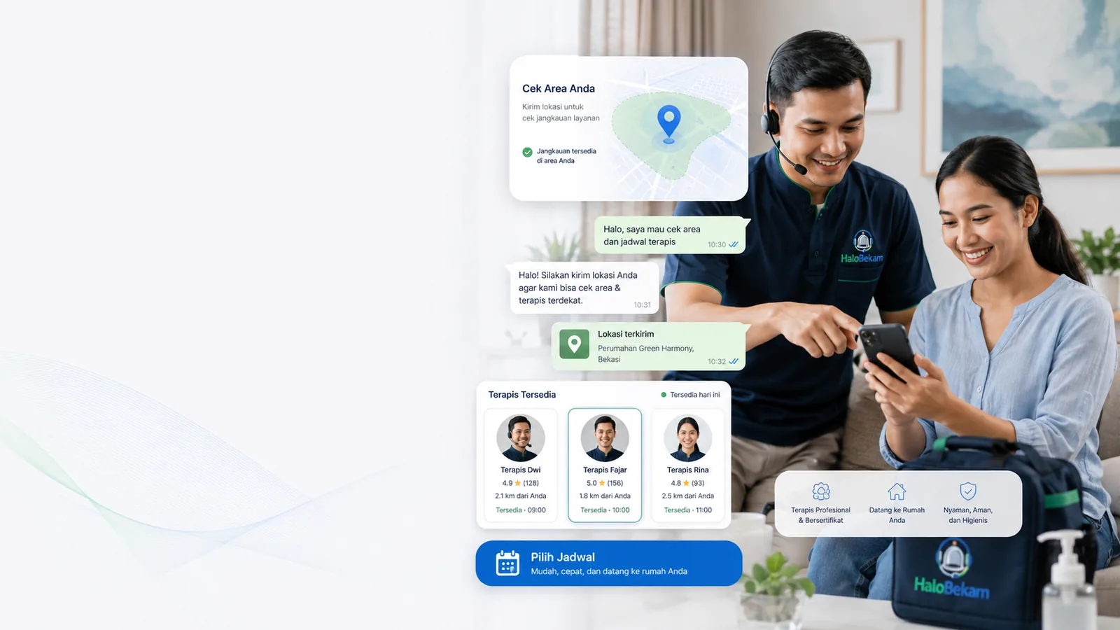 Pelanggan mengecek area dan terapis HaloBekam melalui WhatsApp