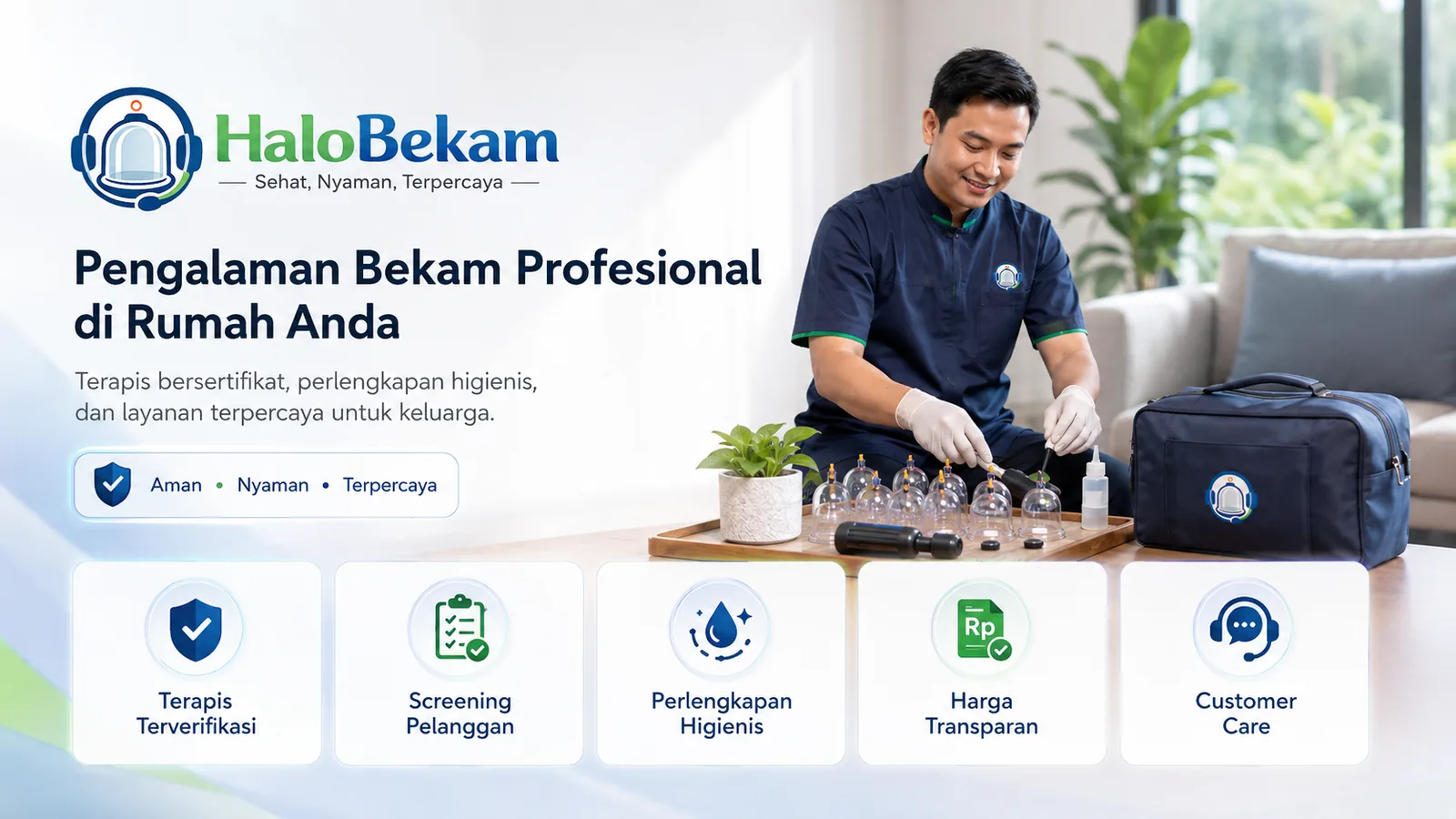 Visual kepercayaan layanan HaloBekam dengan terapis, screening, perlengkapan, harga, dan customer care