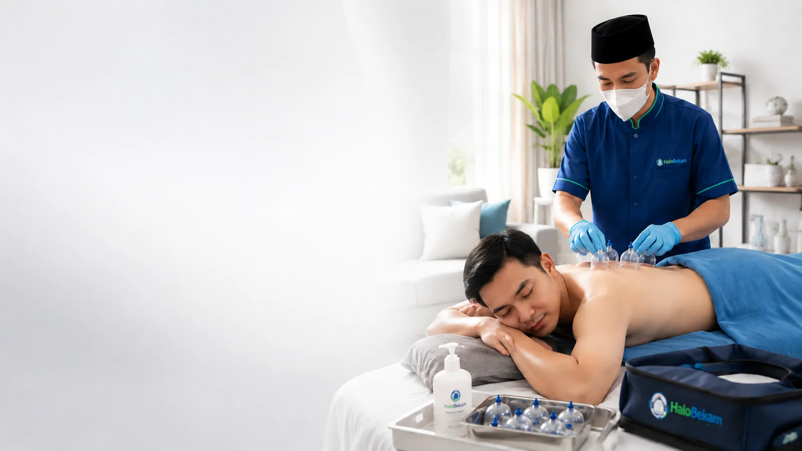 Terapis HaloBekam memberikan layanan Paket Bekam Sinergi di rumah pelanggan