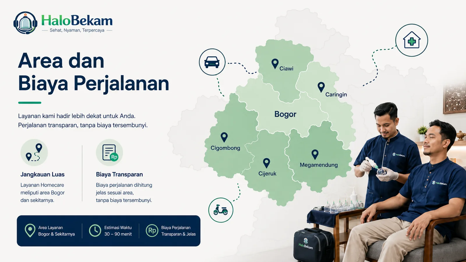 Peta area layanan dan biaya perjalanan HaloBekam di Bogor Selatan