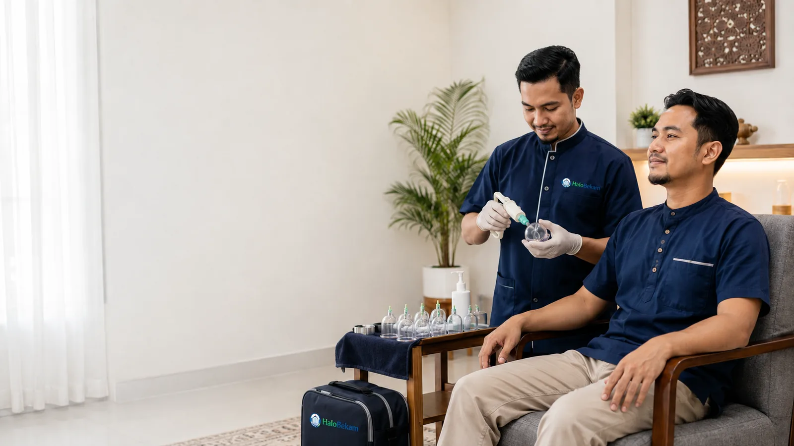 Terapis HaloBekam menyiapkan layanan Paket Bekam Sunnah di rumah pelanggan