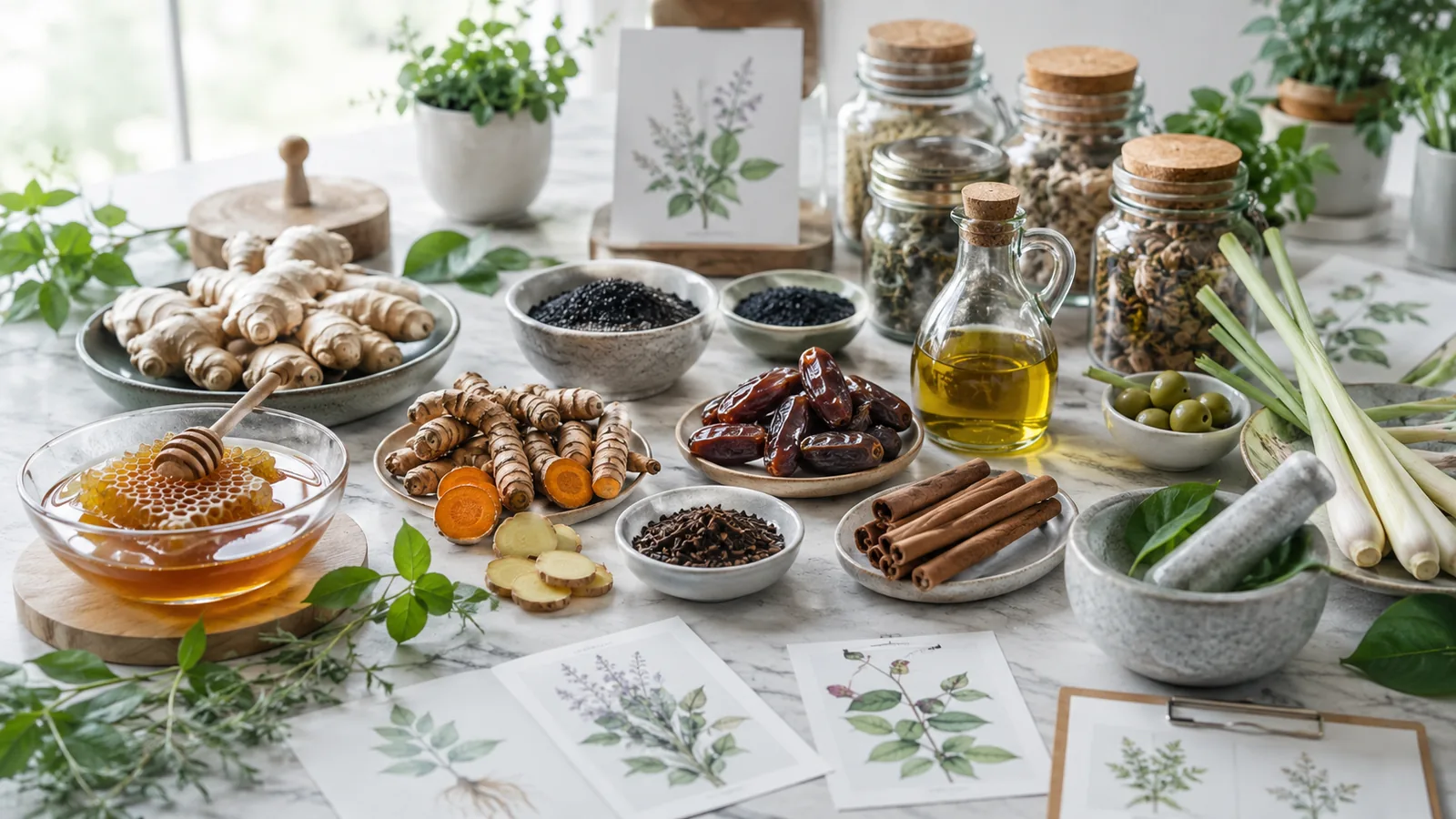 Madu, habbatussauda, jahe, kunyit, kurma, kayu manis, minyak zaitun, dan serai