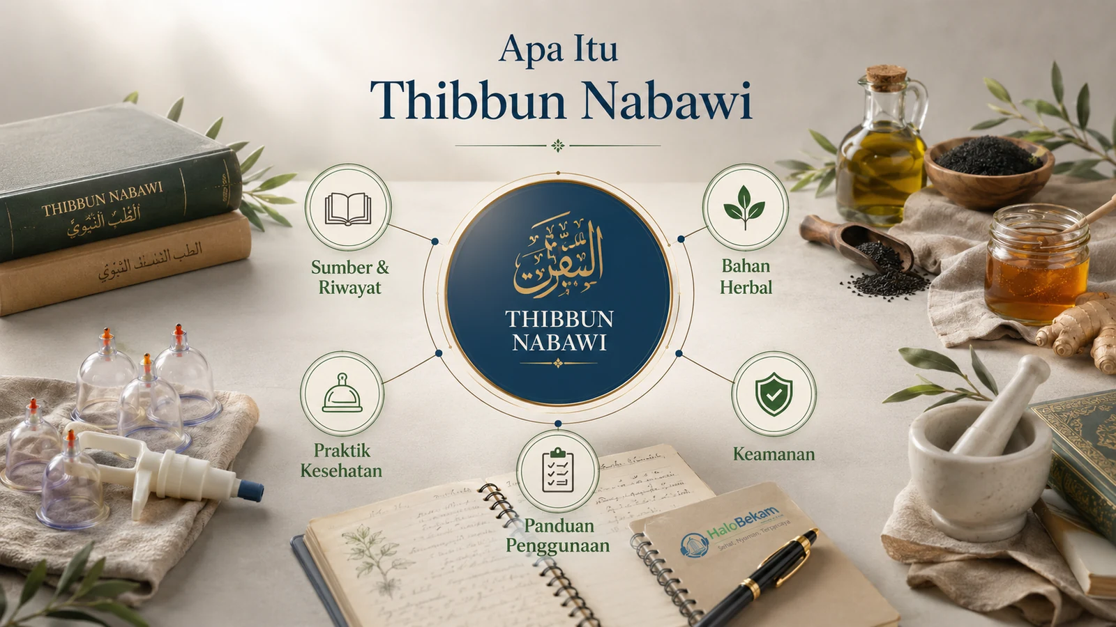 Infografis pengertian Thibbun Nabawi: sumber, bahan herbal, praktik kesehatan, panduan penggunaan dan keamanan
