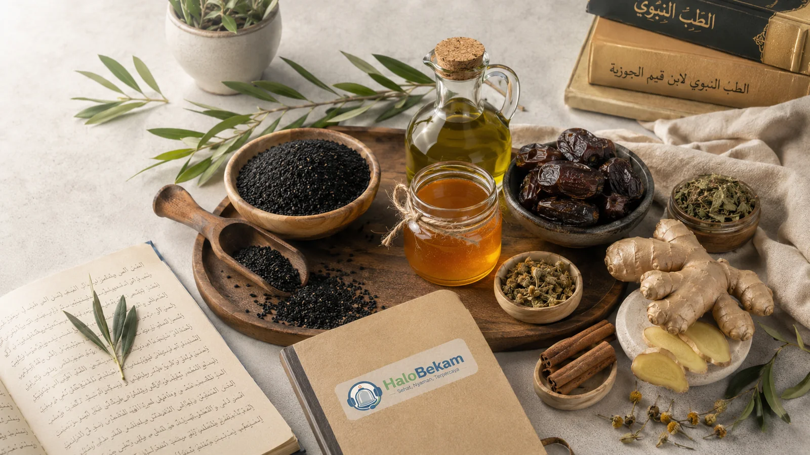Habbatussauda, madu, kurma, minyak zaitun, jahe dan bahan herbal terkait Thibbun Nabawi