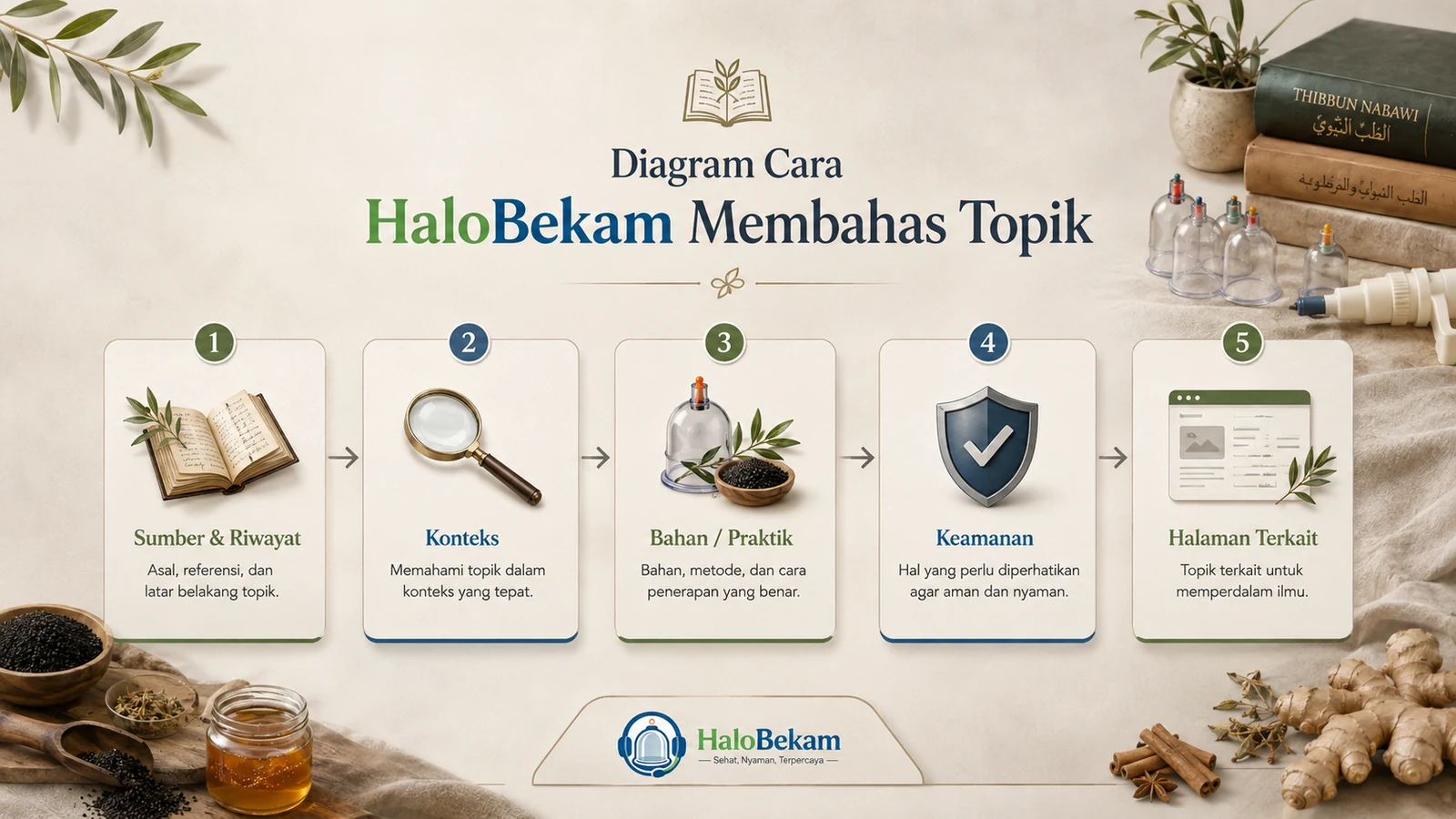 Diagram cara HaloBekam membahas topik: sumber dan riwayat, konteks, bahan atau praktik, keamanan, dan halaman terkait