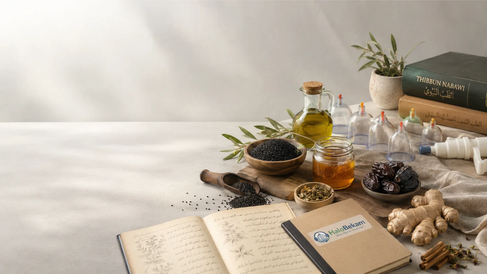 Bahan herbal, kitab rujukan dan perlengkapan bekam dalam suasana editorial Thibbun Nabawi HaloBekam