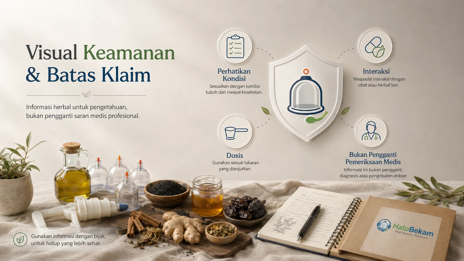 Infografis keamanan herbal dan batas klaim: kondisi, interaksi, dosis dan pemeriksaan medis