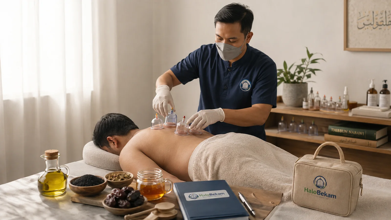Terapis HaloBekam melakukan praktik bekam dengan suasana bersih dan profesional